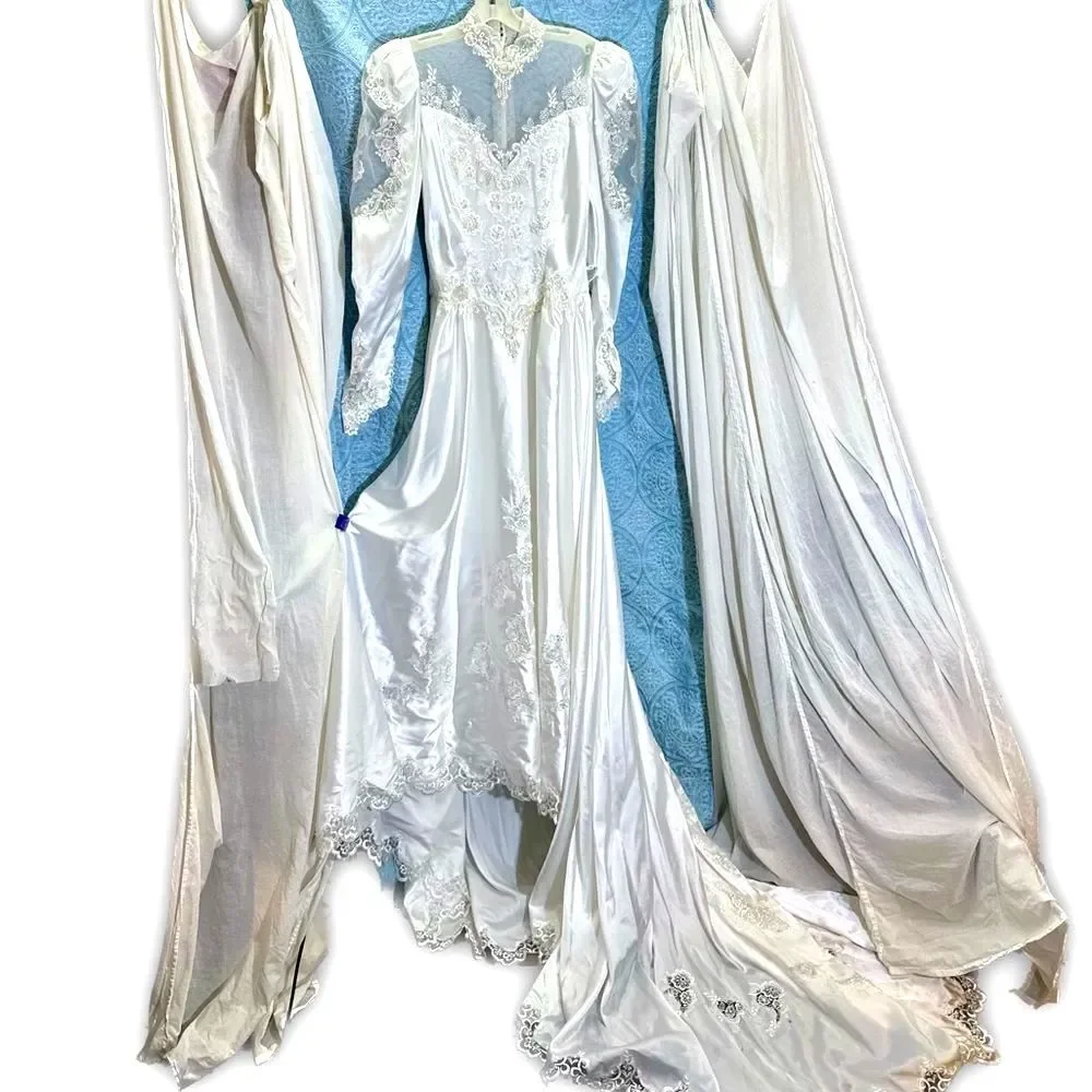 vintage alfred angelo wedding dress off the shoulder with 5 ft train, – Something Borrowed Bridal Shop * Cut Out Lace Details On Sleeves And Train An Alfred Angelo Original Styled